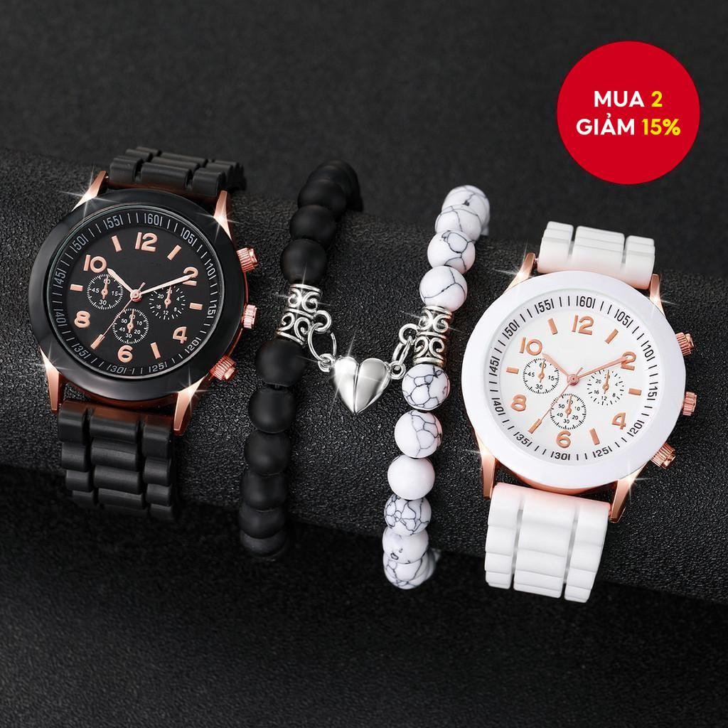 Đồng hồ thạch anh dây đeo silicon sành điệu cho anh ấy & cô ấy + Vòng tay từ tính hạt trái tim