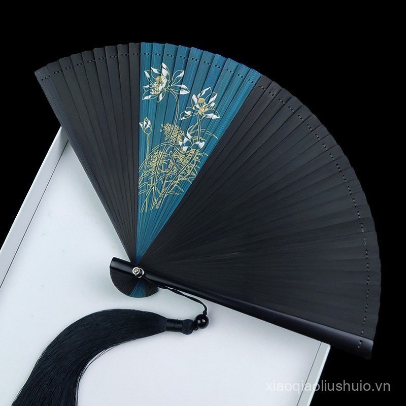 Folding Fan Ancient Style Fan for Women Classical Compact Dance Fan Black Bone Clip Summer