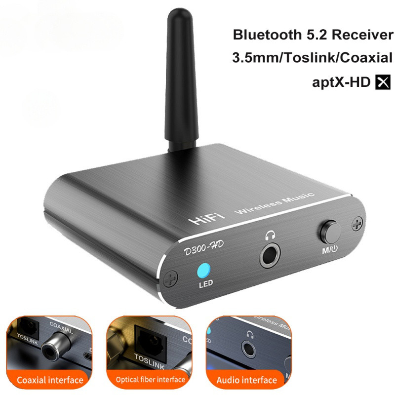 D300 APTX-HD Bluetooth 5.2 Bộ thu nhạc Bộ chuyển đổi âm thanh không dây HIFI với 3,5mm Aux Toslink /