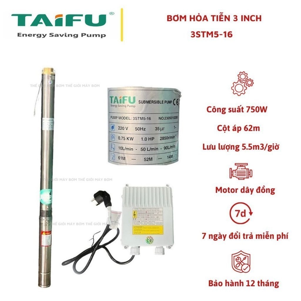 Máy bơm hỏa tiễn 750W (1HP) (3" Ø76 thả ống 90) thân inox 304 có hộp tụ đi kèm TAIFU  - Bơm thả chìm
