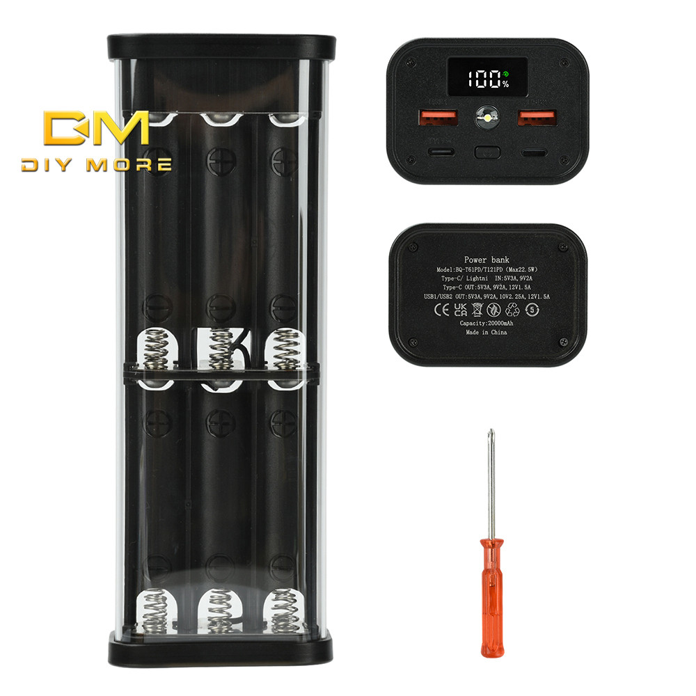 DIYMORE 22.5W Vỏ sạc dự phòng trong suốt hoàn toàn không hàn 6 / 12 ống 18650 Hộp pin PD Bộ sạc dự p