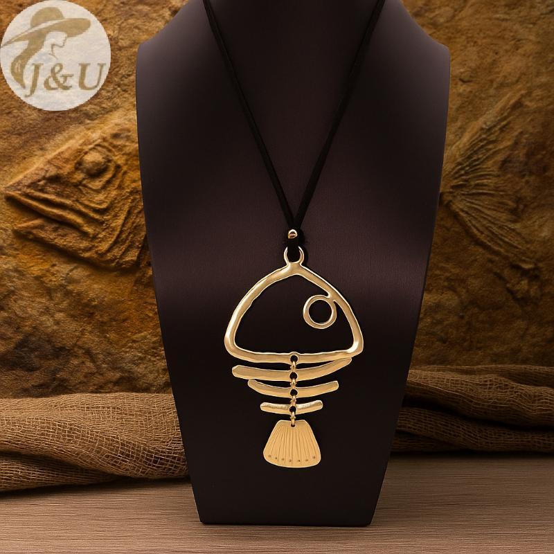 Mặt dây chuyền bohemia vàng lớn xương cá, phong cáchpunk và bohemia, vòng cổ thời trang