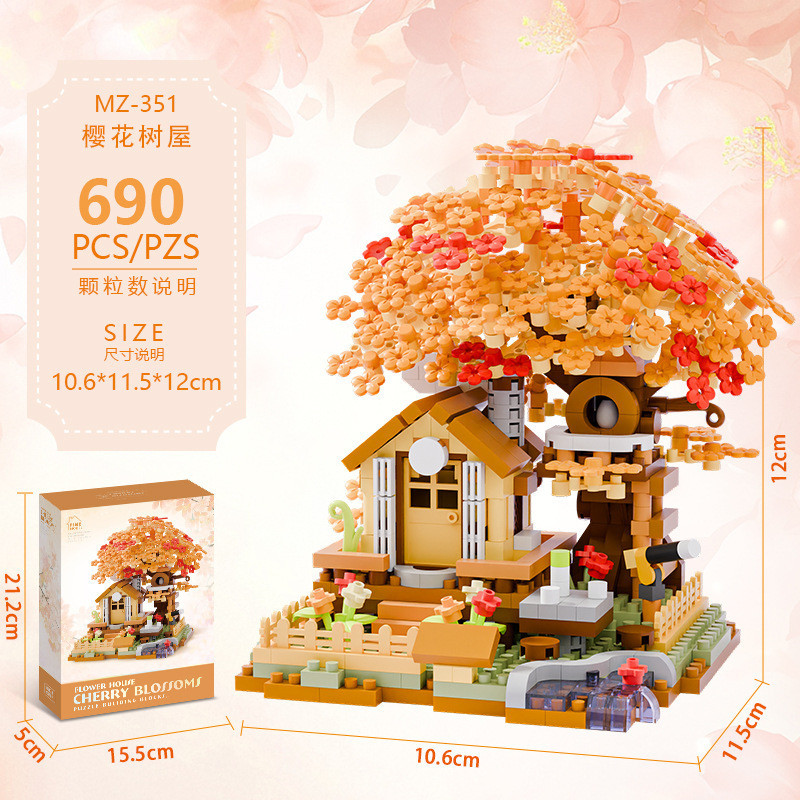 Tương thích với Lego Cherry Blossom Tree Building Blocks Forest Cabin Building House Handmade Cối xa