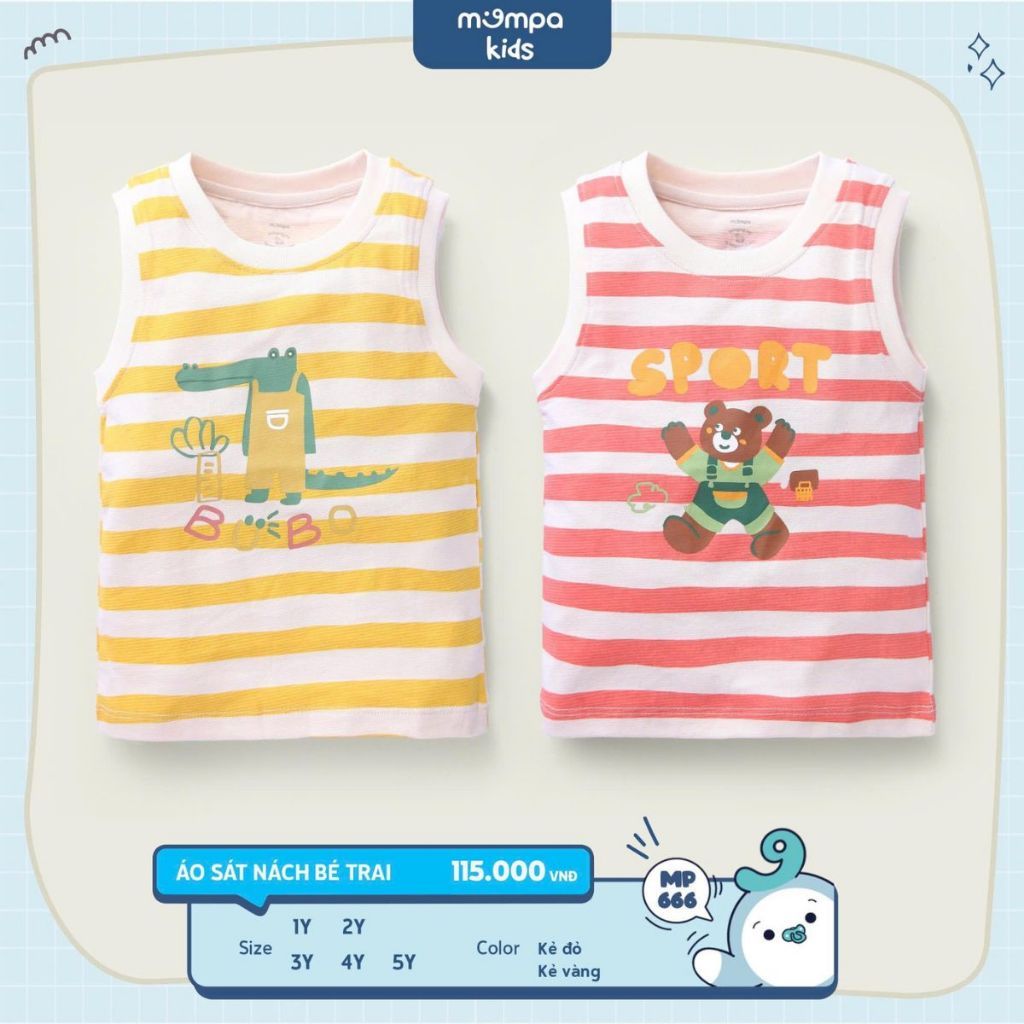 Áo ba lỗ cho bé trai, bé gái Hè 2025 Mompa 1-5 tuổi vải Cotton co giãn 666 MP