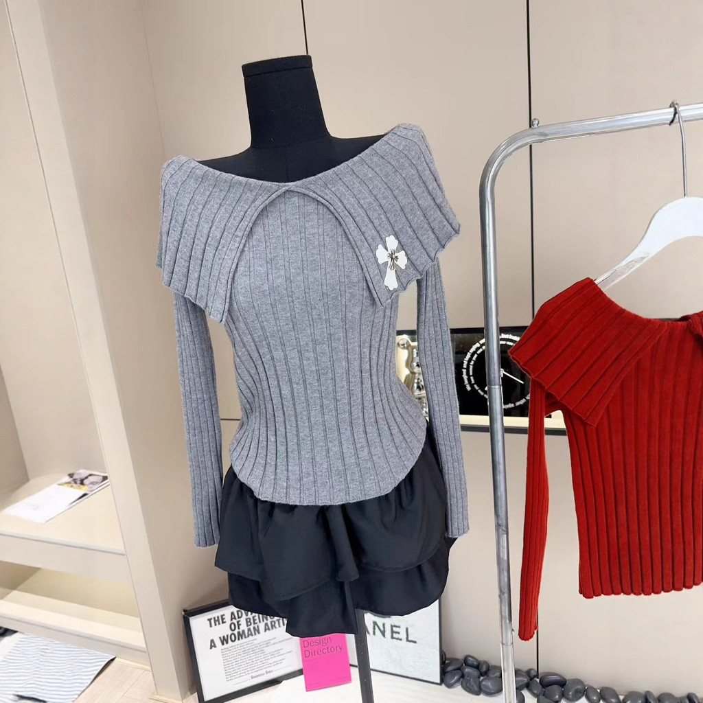 Chrome Hearts Autumn and Winter New Embroidery logo Off-shoulder Sweater Base Shirt Fashionable Vers