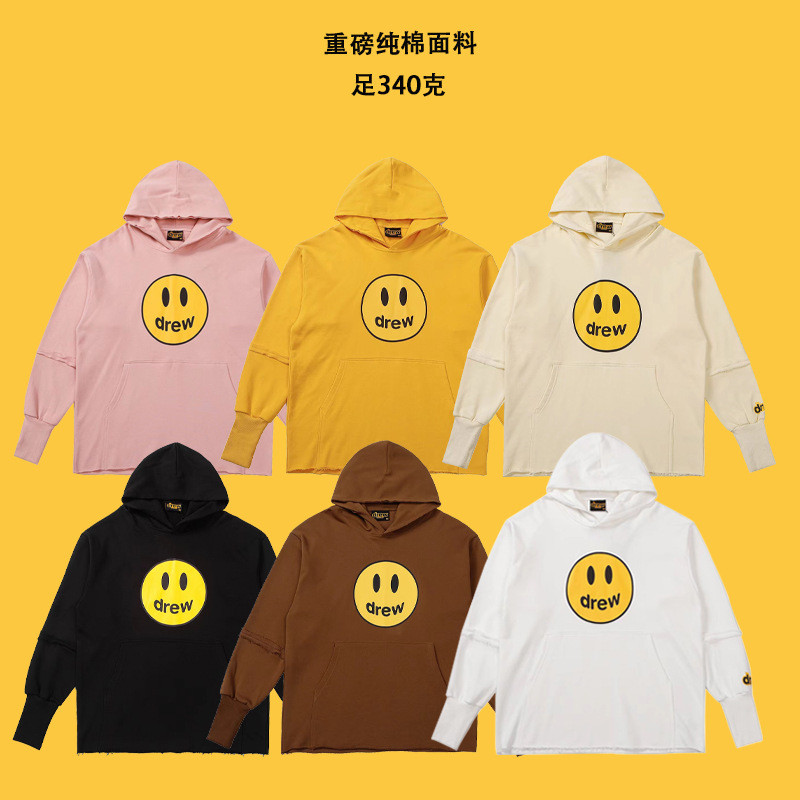 Drew House Spot Goods Smiley Face Hoodie Same Style High Street Patchwork Frayed Loose Unisex Hoodie