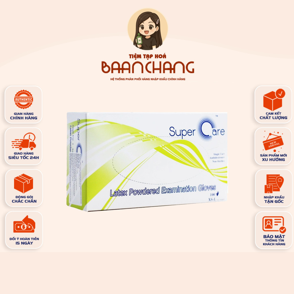 [5 HỘP][CÓ BỘT] Găng Tay Y Tế Có Bột Super Care Latex Powdered TL 4.8GR (Hộp 100 Chiếc – 50 Đôi) – H