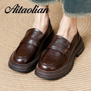 (Size 34-40) Da Thật Chính Hãng 5cm Brogue Khắc Da Bò Giày Nữ Giày Đế Giày Nữ Nữ Da Phong Cách Anh Nữ Hot Màu Trơn Phù Hợp Với