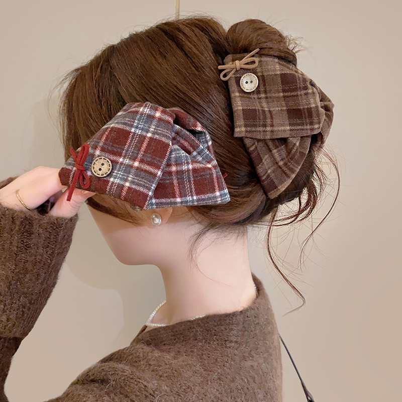 Kẹp tóc nữ vải kẻ sọc tam giác, phù hợp tạo kiểu đuôi ngựa cá mập, phụ kiện tóc thời trang