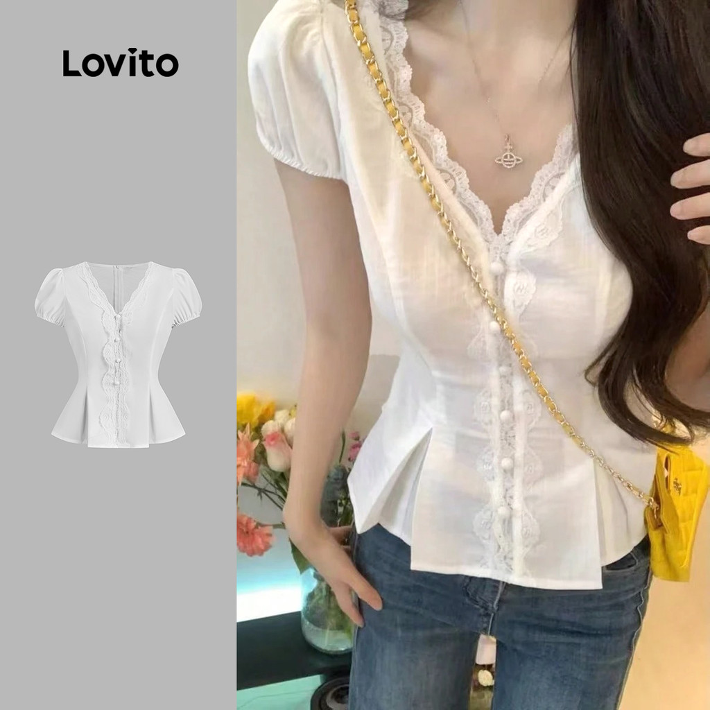 Lovito Áo sơ mi giản dị ren xuân/hè trắng cho nữ L157ED496