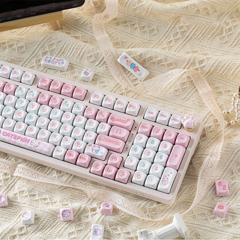 Kitten Eating Fish Keycaps MOA Height PBT Material Mechanical Keyboard Keycap DYE-sublimation Small 