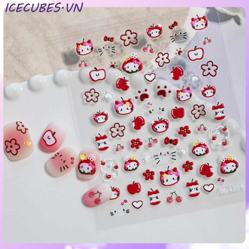 2/1 miếng dán móng tay hình mèo táo xanh dễ thương 5D nổi hình mèo táo xanh tự làm ICECUBES
