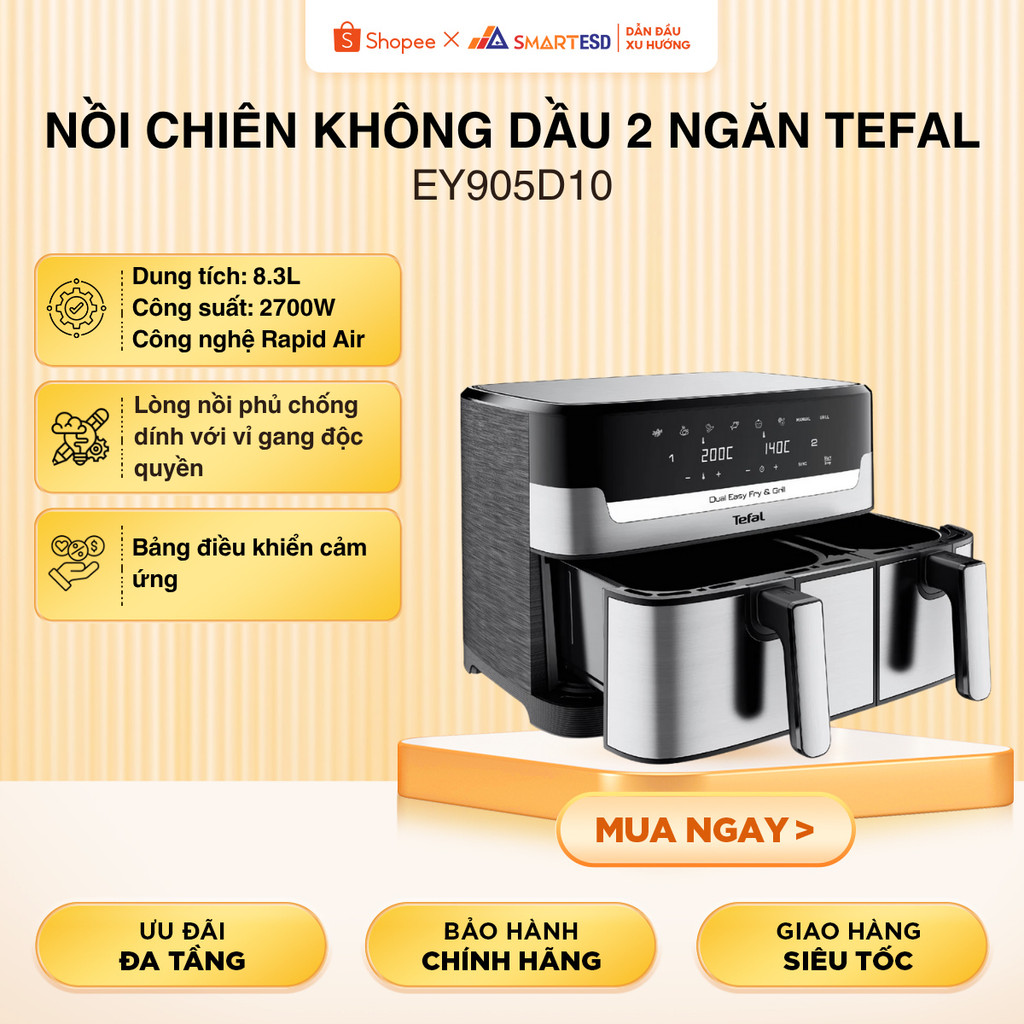 Nồi chiên không dầu 2 ngăn Tefal EY905D10 -Nướng 1 lần 2 khẩu phần ăn - Bảo hành chính hãng 2 năm