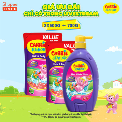 Combo Chai 700G + 2 Túi 500G Sữa Tắm Gội cho bé Carrie Junior Hương trái cây thiên nhiên Cheeky Cherry - Live