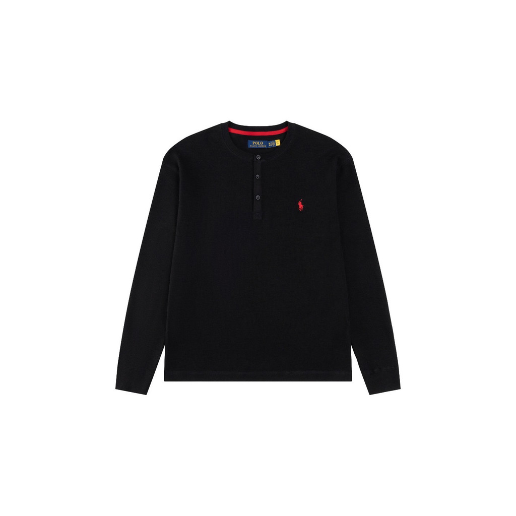 RL Waffle Grid Henry Collar Open Chest Button Sweatshirt Old Money Style Couple's Casual