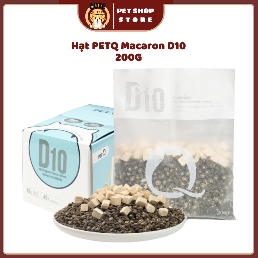 Thức ăn hạt cho mèo PetQ, Hạt macaron D10 PetQ, 40% protein 90% thịt & dầu cá, Chất xơ, Không muối, 