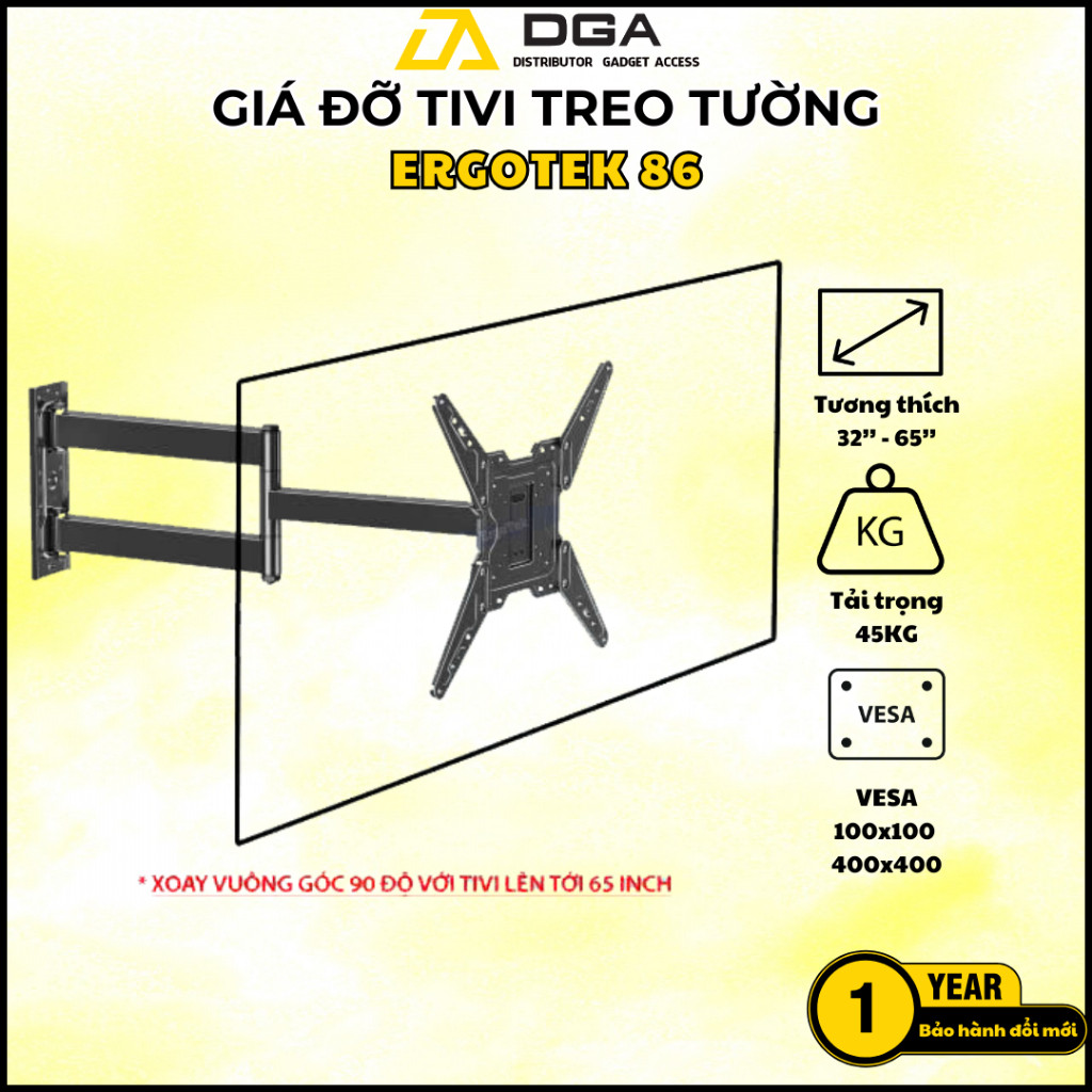 GIÁ TREO TIVI XOAY GÓC ĐA NĂNG ERGOTEK E85  E86 32 – 65 INCH – GÓC SIÊU RỘNG - XOAY VUÔNG GÓC TƯỜNG