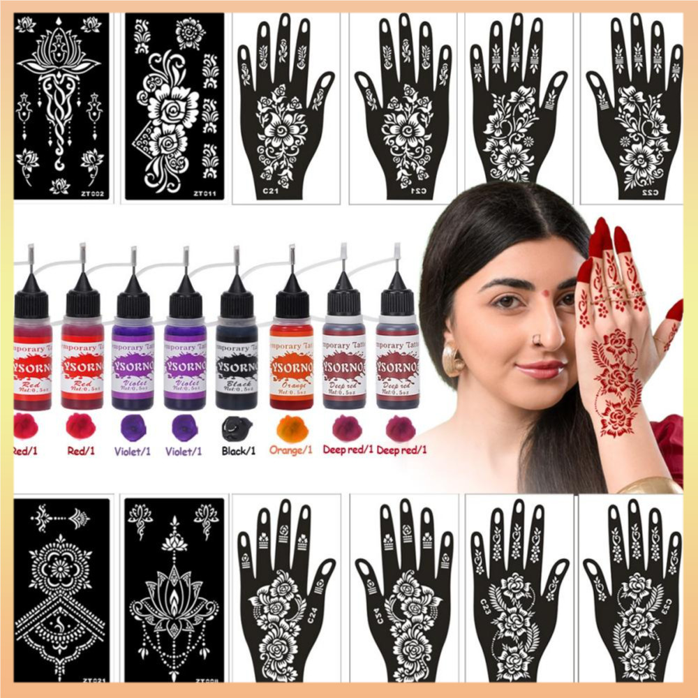 Dạng stencil hình xăm henna nhiều màu, chống thấm nước và mồ hôi, phù hợp cho người mới học nghệ thu