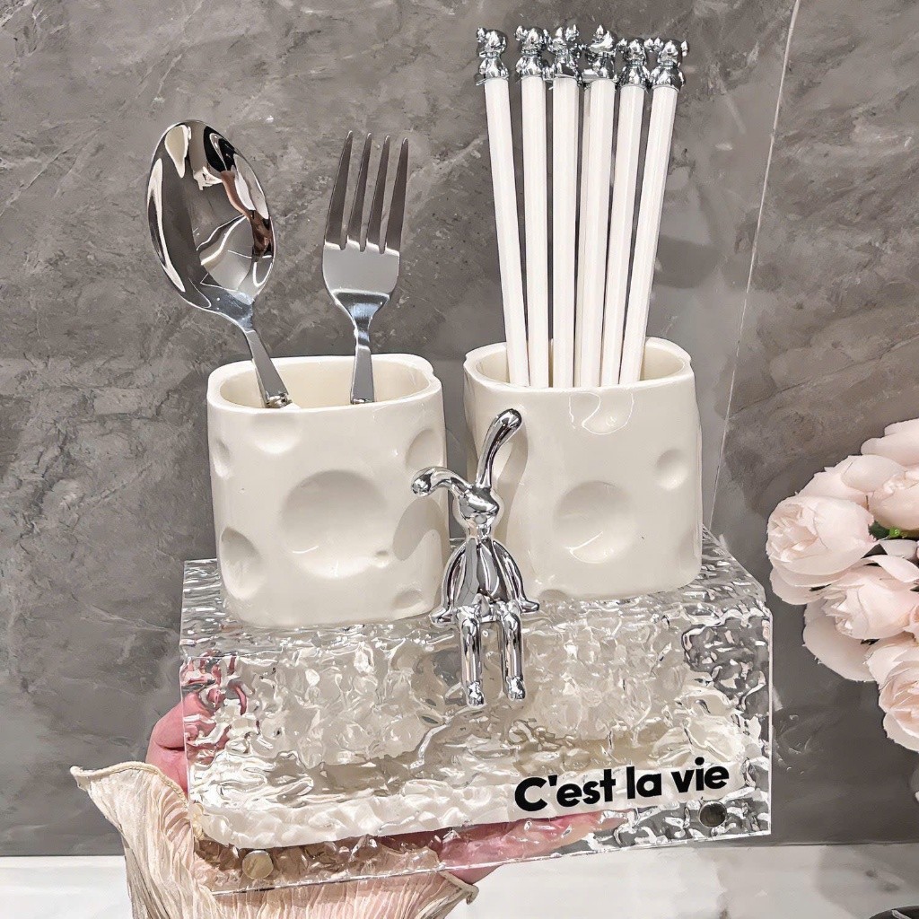 Bộ 2 Ống Đựng Đũa Gốm Sứ Kèm Khay Sang Trọng, Ống Đựng Thìa Đũa Phòng Ăn Thoát Nước - OD2