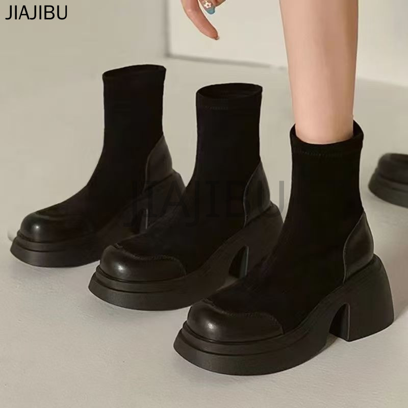 Size 35-43 Giày Nữ Cỡ Lớn Chất Lượng Cao Giày Bốt Cao Bồi Chelsea Mũi Tròn Màu Đen Chống Trượt Phong