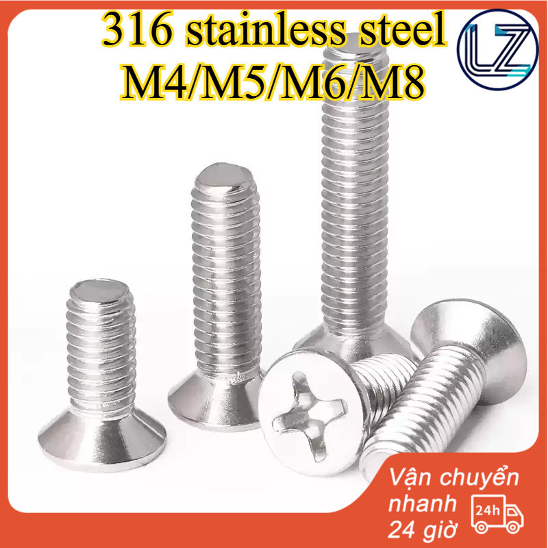 Vít đầu chìm chữ thập bằng thép không gỉ 316 A4 Bu lông vít đầu phẳng M4 / M5 / M6 / M8 * L6-100mm [