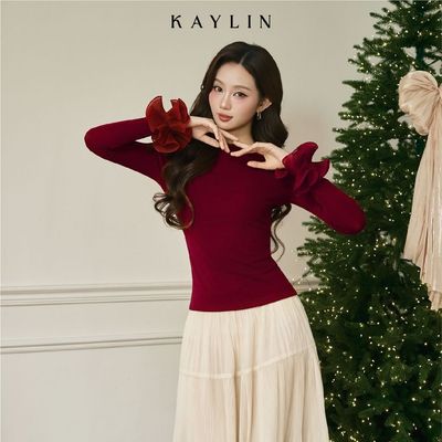 Áo thun KAYLIN tay dài phối hoa form ôm chất vải thun mây co giãn phong cách thanh lịch BST Tháng 11.2025 - A109T11