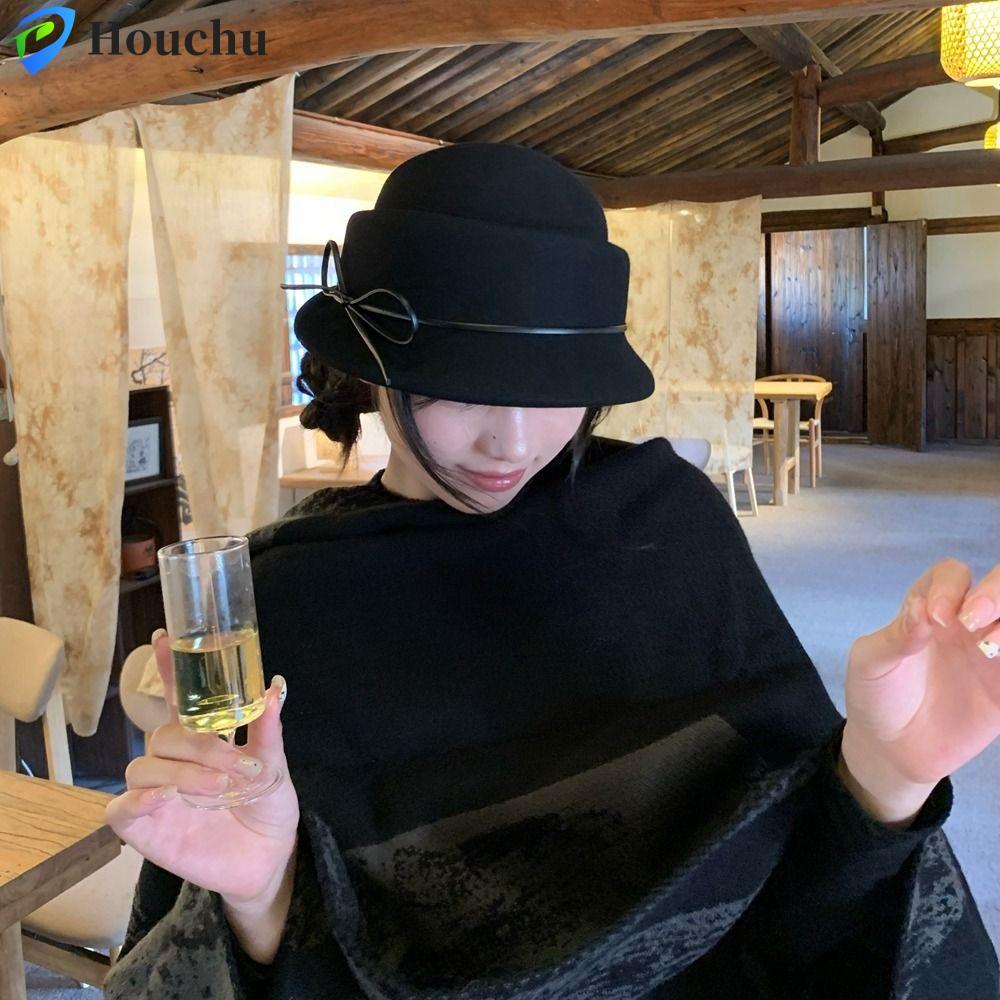 HOUCHU Len Mũ Xô phong cách Pháp với nơ Hepburn, màu trơn, phù hợp mùa thu