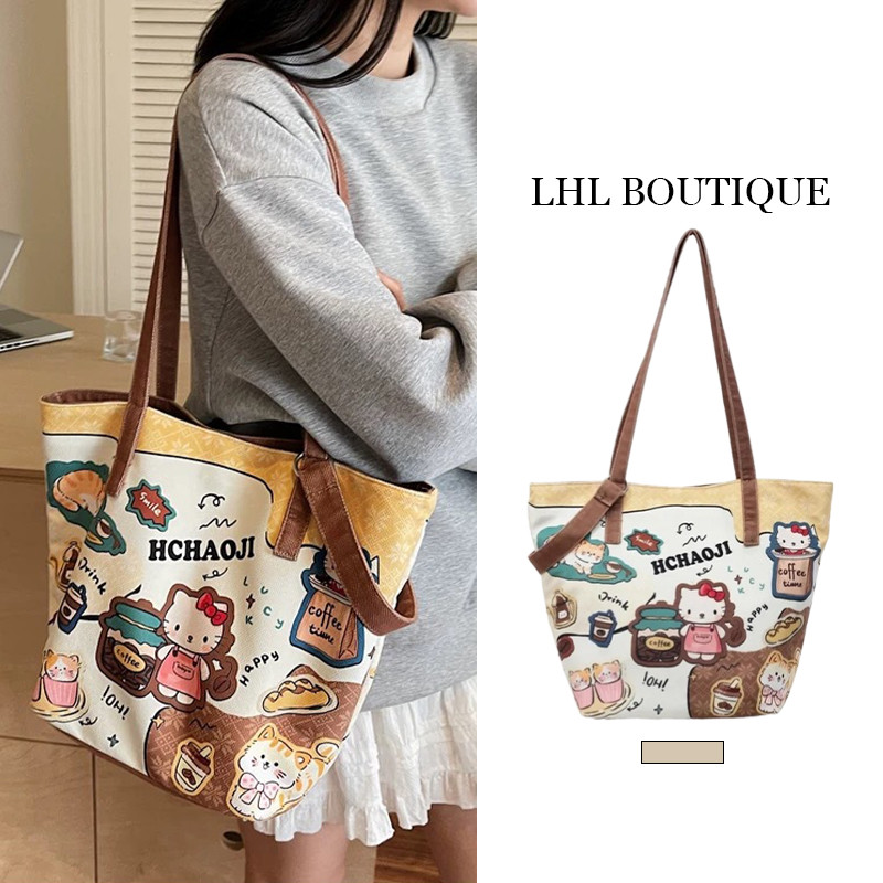 LHL BOUTIQUE  Hoạt Hình Dễ Thương KT In Hình Túi Vải Dung Tích Lớn Đơn Giản Hàng Ngày Túi Đeo Vai Đa