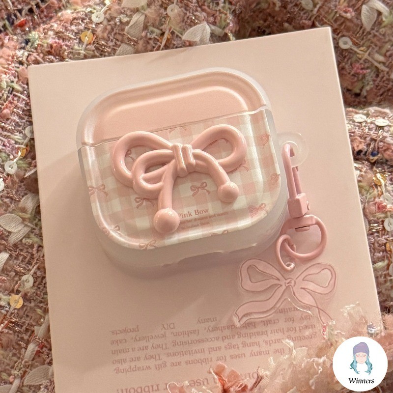 Hàn Quốc 3D Màu Hồng Nơ Sọc Tai Nghe Cho AirPods 4 3 2 1 Pro3 2 Pro Bluetooth Không Dây Tai Nghe Silicon Mềm Vỏ Bảo Vệ Tai Nghe Chống Sốc