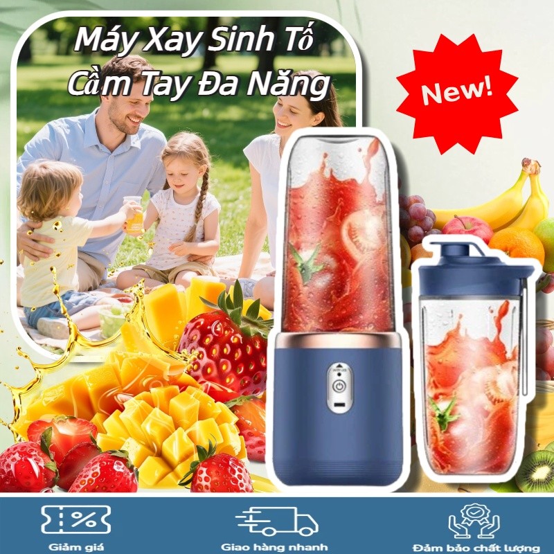 Máy Xay Sinh Tố Cầm Tay Đa Năng 400ml, 6 Lưỡi Dao Inox 304 Xay Nhuyễn & Nghiền Đá, Sạc USB Tiện Lợi,