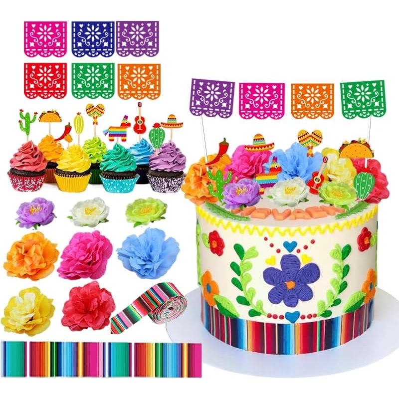 DiDida Mexico Fiesta Cake Topper Mini Mexico Papel Picado Banner Mexico Serape Ruy băng và hoa để tr
