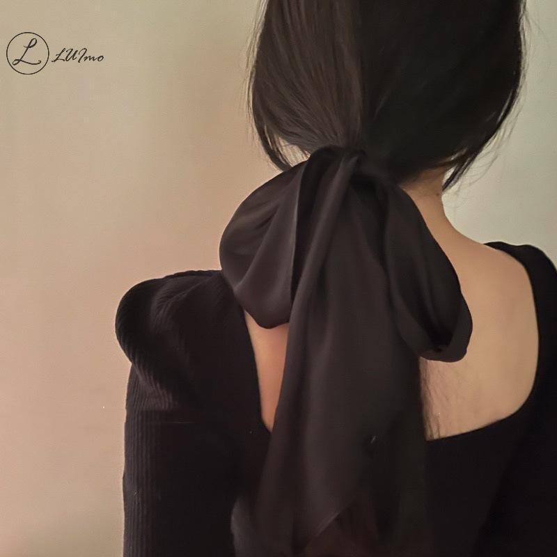 Khăn lụa dài màu đen, dây buộc tóc cao cấp, phù hợp mùa hè