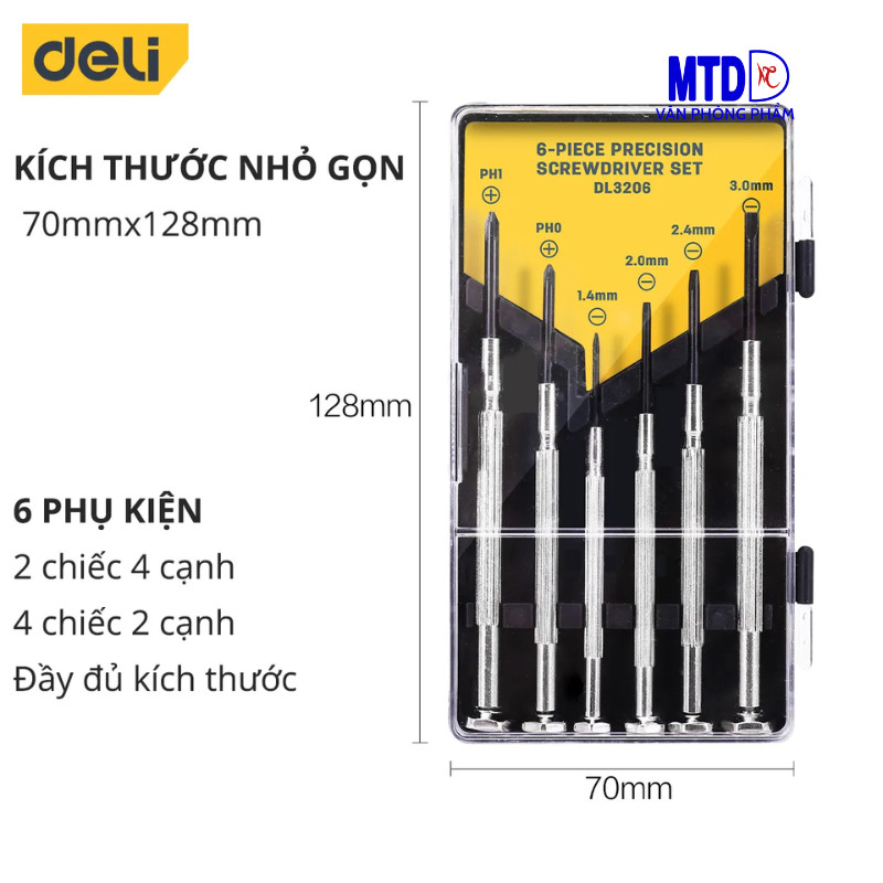Bộ Tua-vít đa năng với 6 đầu vít  đủ cỡ chống Mòn - Gỉ - Deli DL-3206  dùng sửa laptop,linh kiện có 