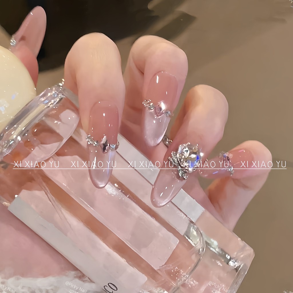 [Lychee Rose] Cô Gái Pháp Trắng Nhấp Nháy Hoa Hồng Kim Cương Lychee Hồng Mắt Mèo Tay Móng Tay Có Thể