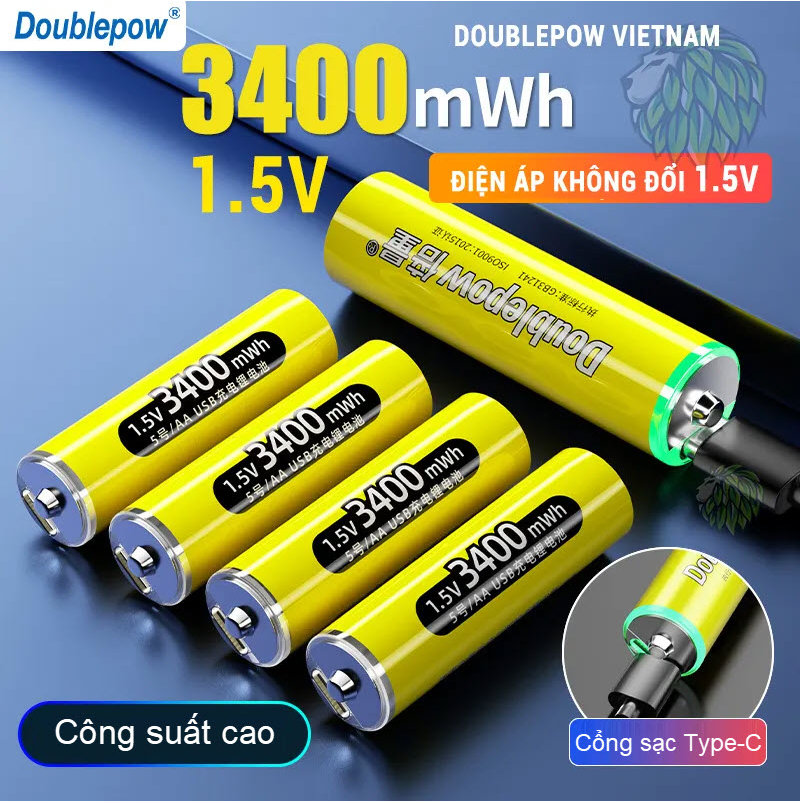 Pin sạc 1.5V AA 3400mWh Doublepow sạc trực tiếp bằng cổng USB. Doublepow AA 3400mWh Li-ion Batteries