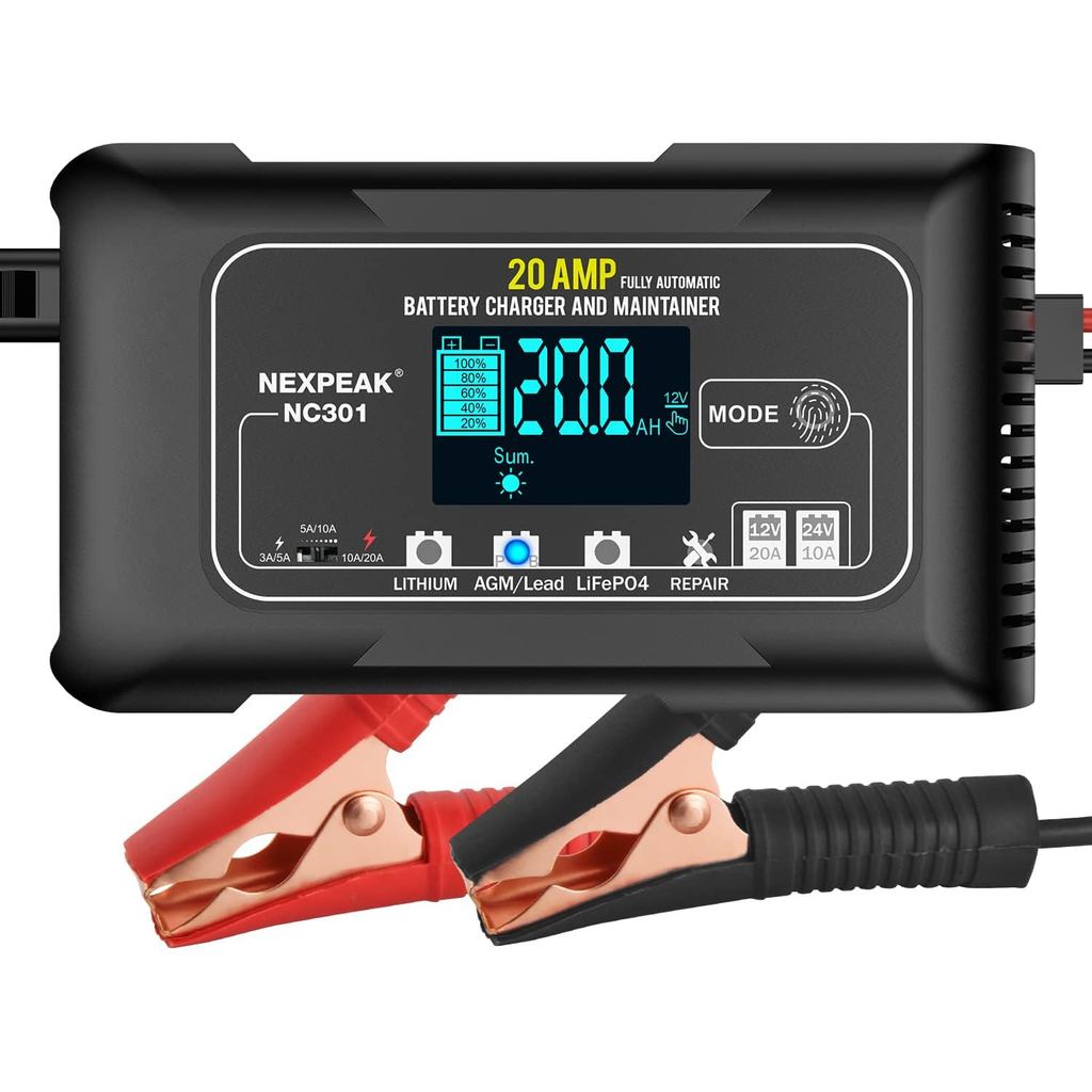 Bộ sạc pin ô tô 20-Amp NEXPEAK NC301, Bộ sạc pin LiFePO4 tự động hoàn toàn thông minh 12V và 24V Bộ 