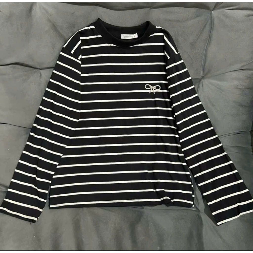 Áo thu đông sọc ngang dễ thương cho nữ-Hình nơ đính đá-phog3158