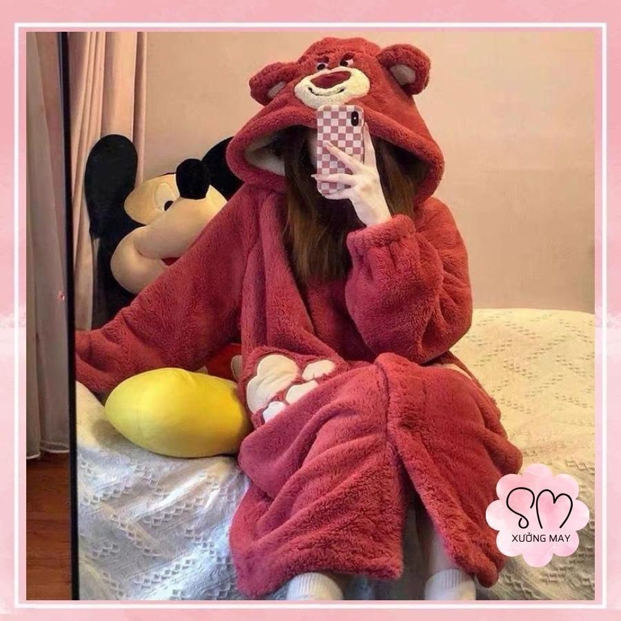 [QC][40-70kg]Áo choàng/Váy ngủ lông dài tay GẤU DÂU mềm mại ấm áp Nữ Women Dress Đầm Ngủ Xưởng may S