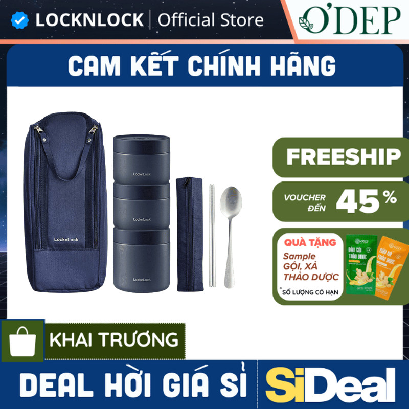 Hộp cơm giữ nhiệt văn phòng 1.1L LocknLock 3 ngăn LHC8052S01, kèm túi và muỗng đũa - SIDEAL SIO
