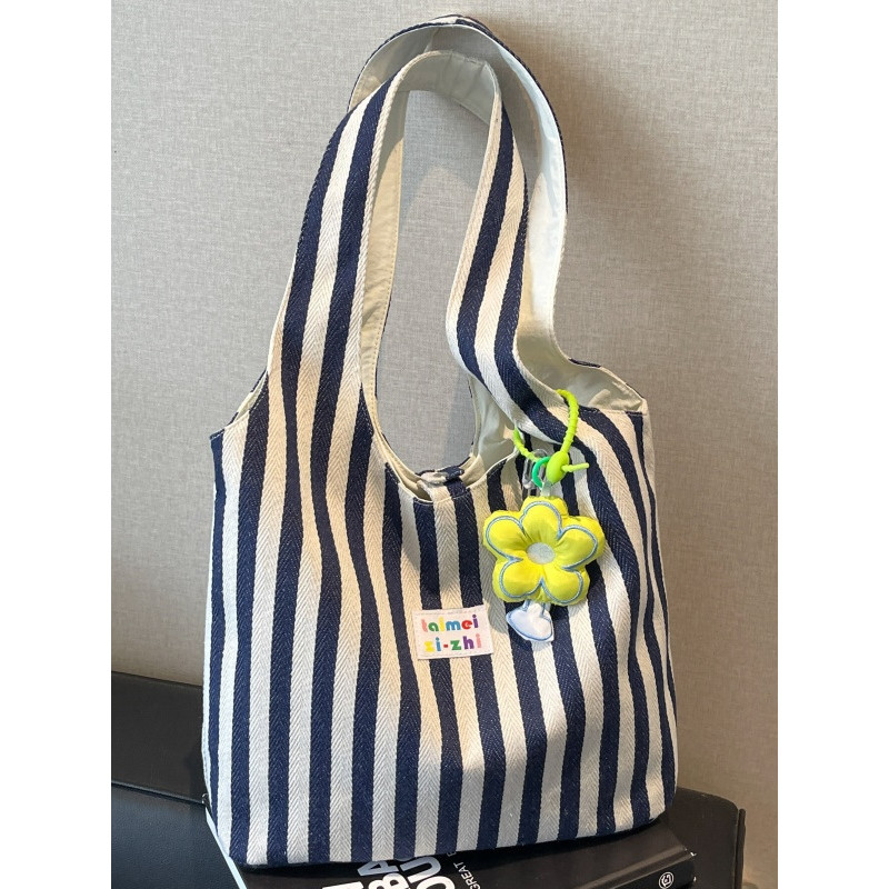 hapas túi nữ Túi xách tay hai mặt mùa hè túi tote vải bố sọc dung tích lớn cho nữ