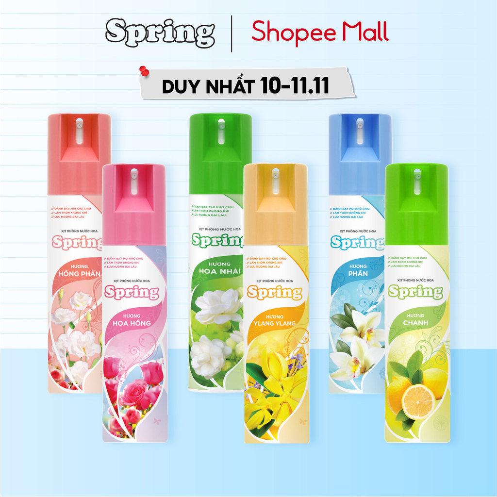 Xịt phòng nước hoa Spring 225ml/chai Hương chanh, phấn, hồng phấn, hoa hồng, hoa Ylang Ylang, Hoa Lài