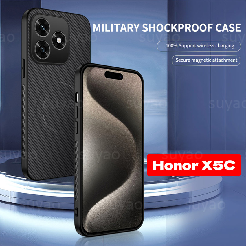 Dành Cho Honor X5C Plus X5CPlus 2025 Ốp Điện Thoại Sợi Carbon Họa Tiết Da Từ Tính Vỏ HonorX5C HonorX