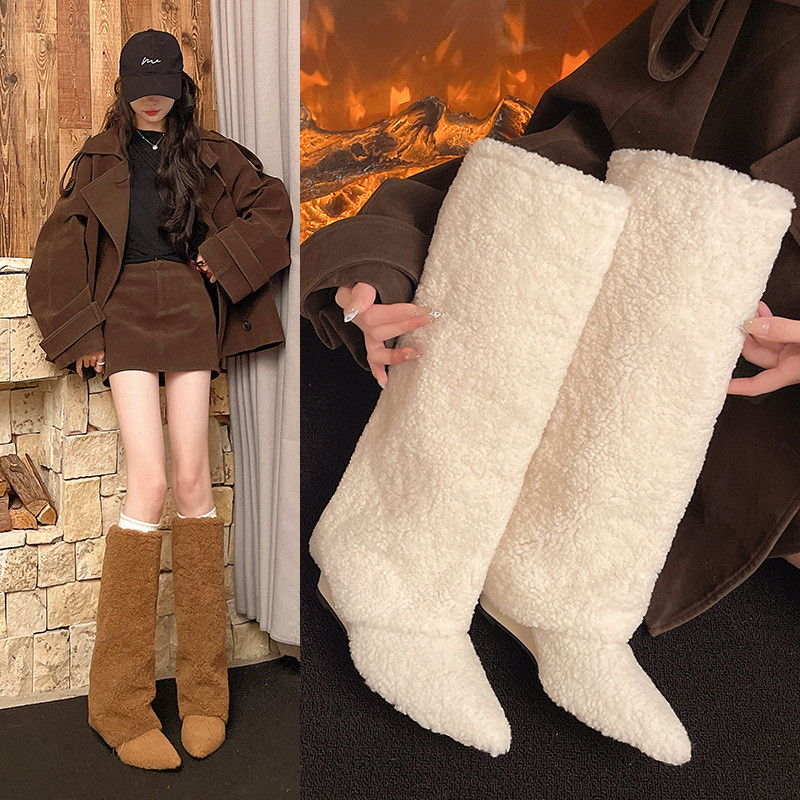 Niche Wedge Gót Chân Giày Cotton Sang Trọng Giày Ống Dài Nữ Phong Cách Mới Thu Đông Mũi Nhọn Giữa Ốn