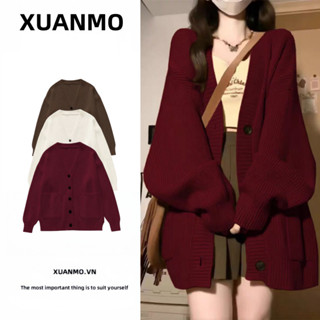  Áo len đỏ giáng sinh Áo cardigan len Áo len nữ cổ chữ V dáng rộng mùa thu đông 