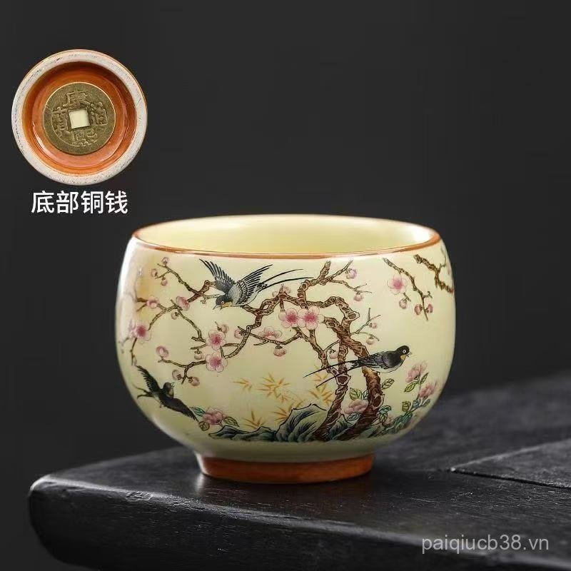 [Copper Coin Cup Phúc lợi] Cốc trà gốm cao cấp Influencer Đồng xu đáy Happy Eyebrow Tea Cup Master C