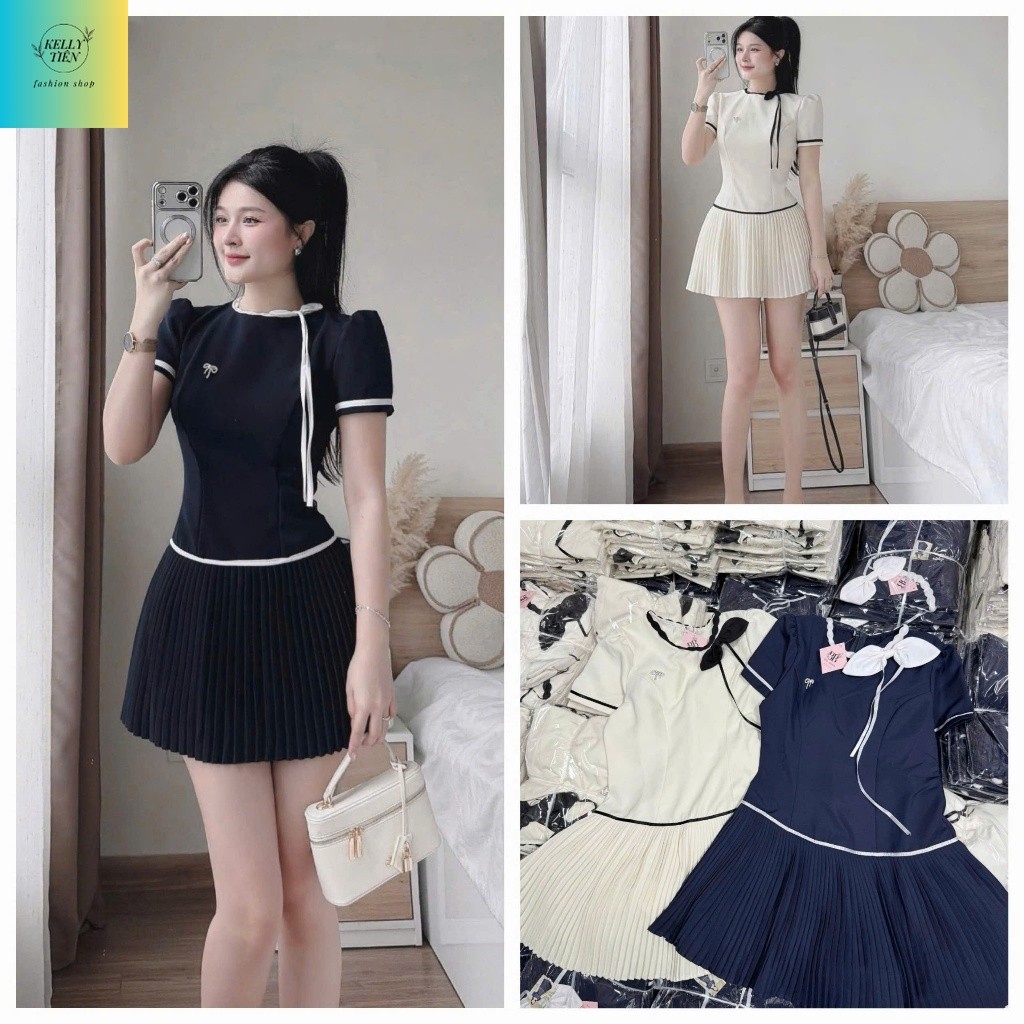 Đầm nữ xếp ly dáng ngắn, chất mango 2 màu đáng iu cho nàng hẹn hò, đầm cổ tròn viền trắng đính nơ ta