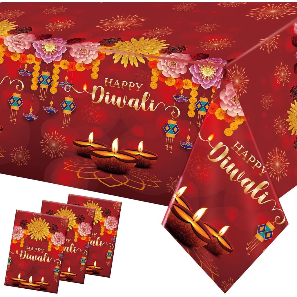 Khăn trải bàn dùng một lần Happy Diwali, 3 chiếc Vỏ bàn bằng nhựa hình chữ nhật, Khăn trải bàn Diwal