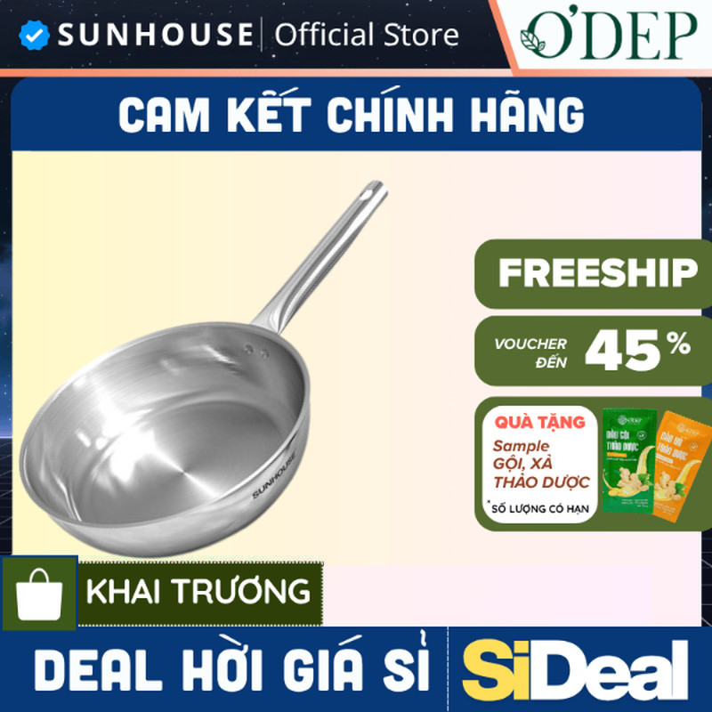 Chảo inox 304 đa lớp Sunhouse IN20M6 - IN24M6 - IN26M6 20-24-26cm dùng với mọi loại bếp - SIDEAL SIO