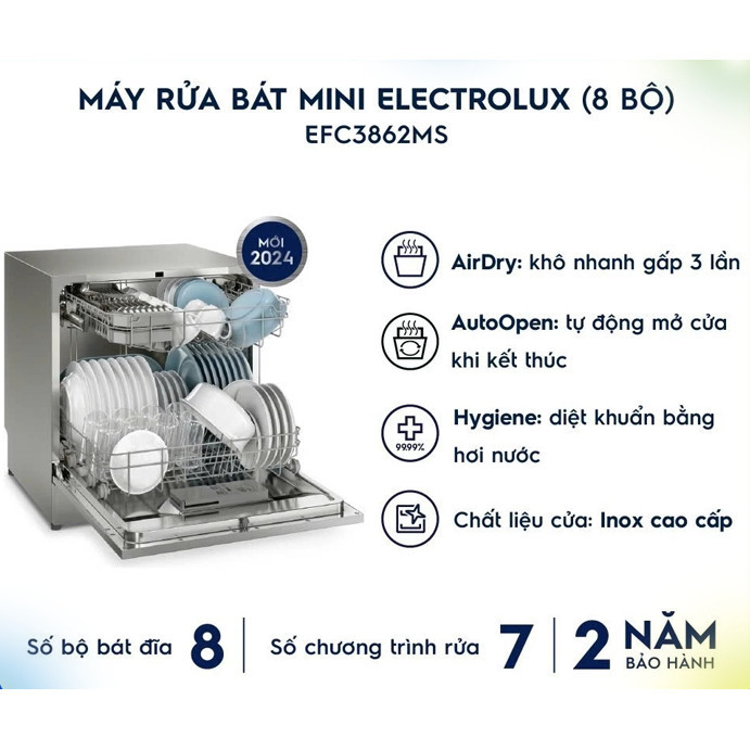 [Hỏa tốc 2h] Máy Rửa Bát Mini Electrolux 8 bộ EFC3862MS, tự động mở cửa, sấy khô