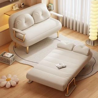  Kiểu mới Sofa gấp căn hộ nhỏ phong cách kem đơn giản giường sofa gấp dễ làm sạch khung chân kim loại chắc chắn và bền 